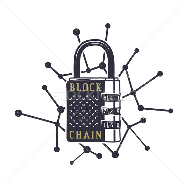 Blockchain emblem concept. Digital assets logo. Vintage hand drawn lock and block chain web. Monochr Stock photo © JeksonGraphics