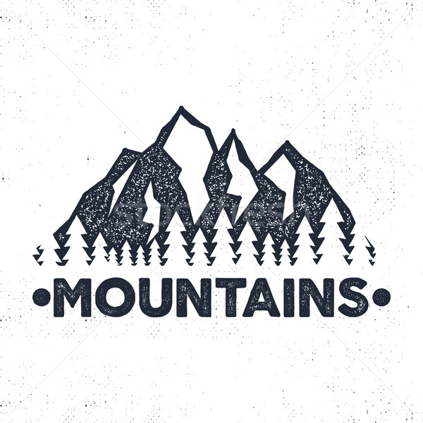 Hand drawn adventure label. Mountains and forest illustration. Typography design with sun bursts. Ro Stock photo © JeksonGraphics