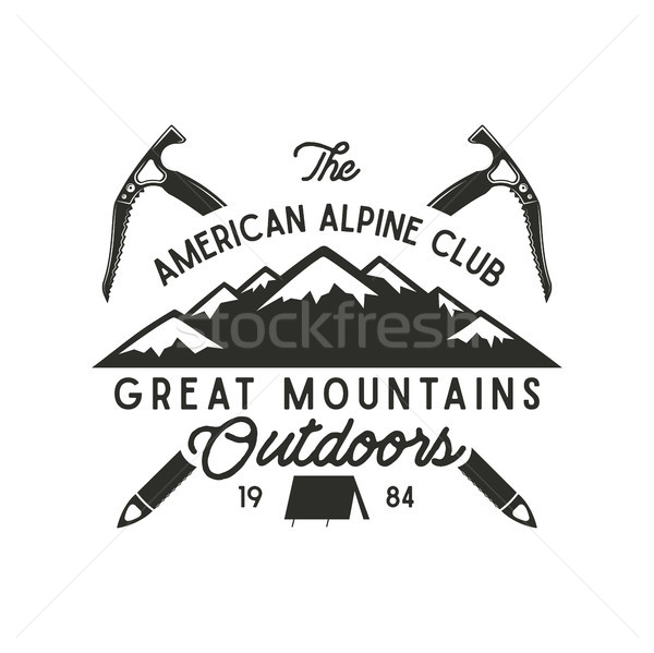 Climbing t-shirt design. Hand drawn vintage alpine label with texts, silhouett mountain, climb equip Stock photo © JeksonGraphics