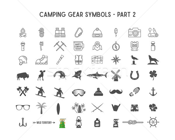 Set of Vector silhouette icons and shapes with different outdoor gear, camping symbols for creating  Stock photo © JeksonGraphics