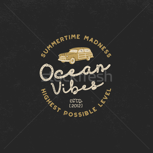 Vintage hand drawn label design. Ocean vibes sign with old retro style surf car. Hipster tee apparel Stock photo © JeksonGraphics
