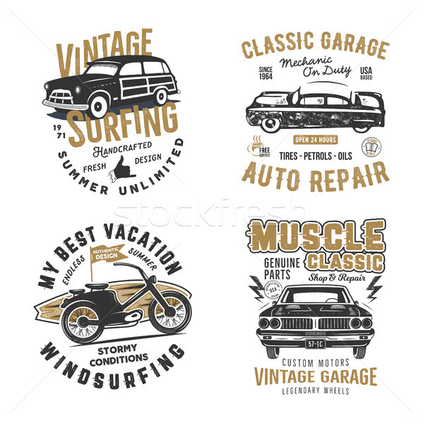 Vintage hand drawn tee prints set. Surf print design, old garage, car service, auto repair emblems p Stock photo © JeksonGraphics