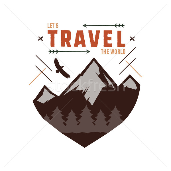 Stock photo: Vintage adventure Hand drawn label design. Let s travel the World sign and outdoor activity symbols 