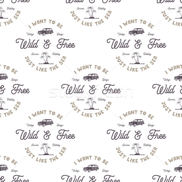 Vector monochrome seamless pattern with old style surf car, palms, sea and typography elements. Wild Stock photo © JeksonGraphics