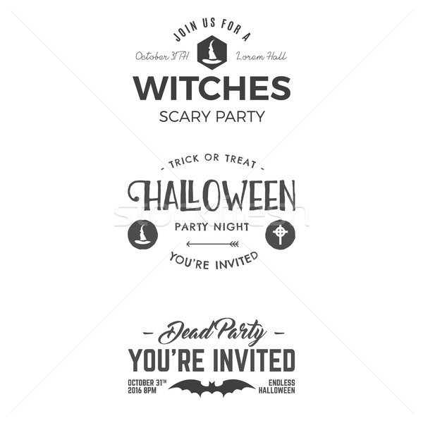 Halloween 2016 party invitation label templates with scary symbols - witch hat, bat and typography e Stock photo © JeksonGraphics
