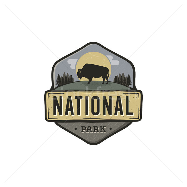 National park vintage badge. Mountain explorer label. Outdoor adventure logo design with bison. Trav Stock photo © JeksonGraphics