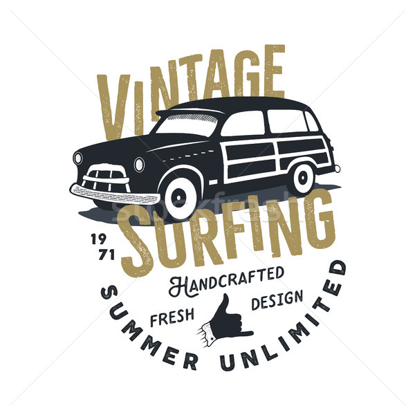 Vintage hand drawn tee print vector design with retro surf car, shaka sign and typography elements.  Stock photo © JeksonGraphics