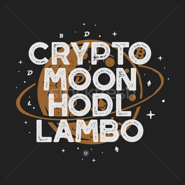 Vintage Funny Cryptocurrency T-Shirt or Poster. Retro Moon orbit illustration with different currenc Stock photo © JeksonGraphics