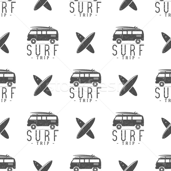 Surfing trip pattern design. Summer seamless with surfer van, surfboards. Monochrome combi car. illu Stock photo © JeksonGraphics