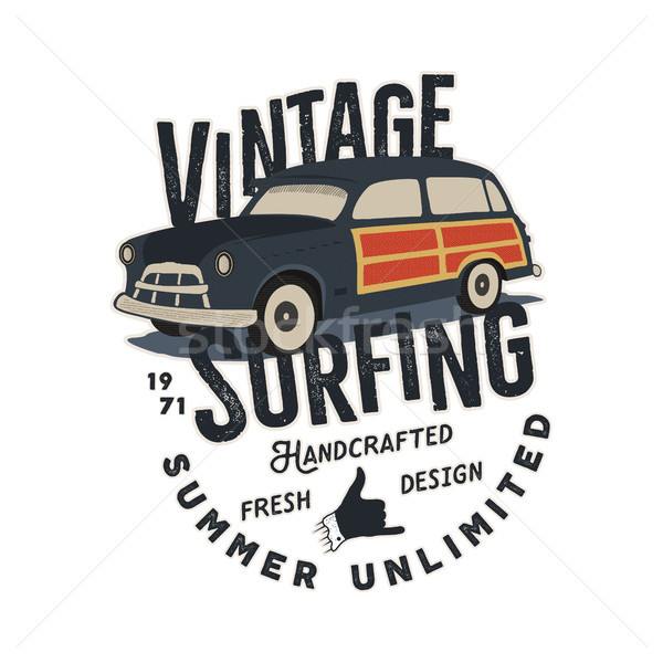 Vintage hand drawn tee print design with retro surf car, shaka sign and typography elements. Surf pr Stock photo © JeksonGraphics