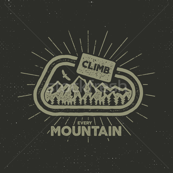 Stock photo: Vector outdoor adventure label. Vintage design with text and climbing symbols - carabiner, mountains