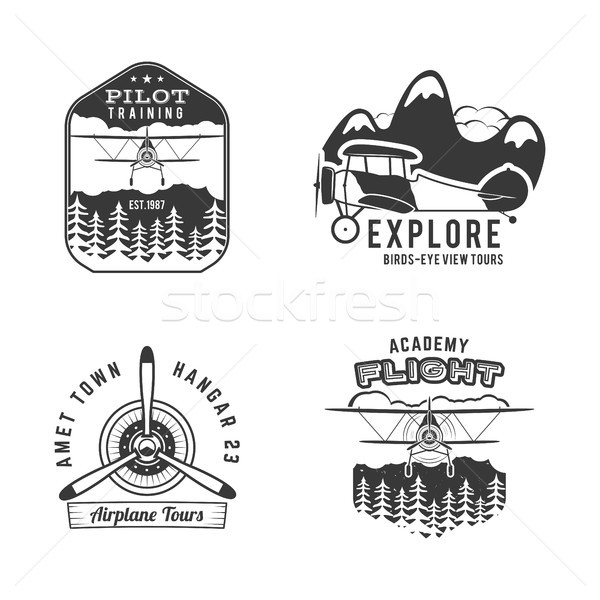 Vintage hand drawn old fly stamps. Travel or business airplane tour emblems. Airplane logo designs.  Stock photo © JeksonGraphics