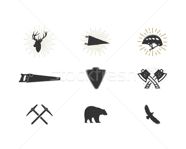 Outdoor adventure silhouette icons set. Climb and lumberjack shapes collection. Simple black pictogr Stock photo © JeksonGraphics