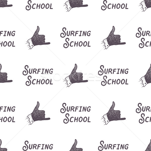 Surfing school old style pattern design. Summer seamless wallpaper with surfer sign - shaka and typo Stock photo © JeksonGraphics