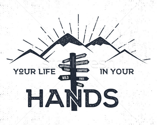Kézzel rajzolt címke hegyek útjelző tábla inspiráló felirat Stock fotó © JeksonGraphics