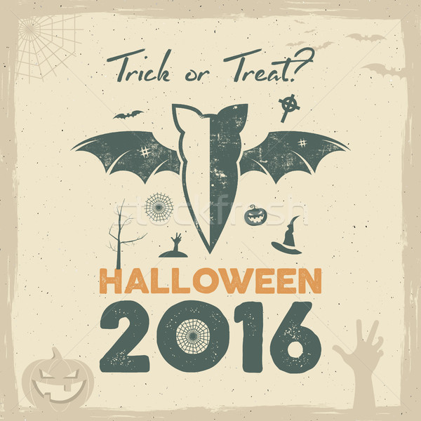 Happy Halloween 2016 Poster. Trick or treat lettering and halloween holiday symbols - bat, pumpkin,  Stock photo © JeksonGraphics