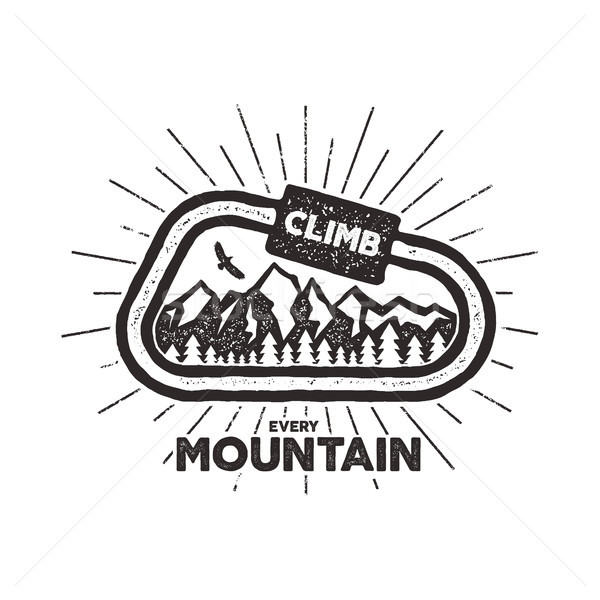  outdoor adventure label. Vintage design with text and climbing symbols - carabiner, mountains. Typo Stock photo © JeksonGraphics