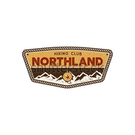 Hiking club badge. Scout adventure camp emblem. Vintage hand drawn design. Retro colors North land d Stock photo © JeksonGraphics