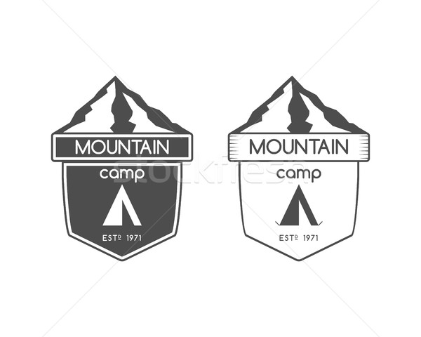 Mountain camp badge, logo and label template. Travel, hiking, climbing style. Outdoor monochrome and Stock photo © JeksonGraphics