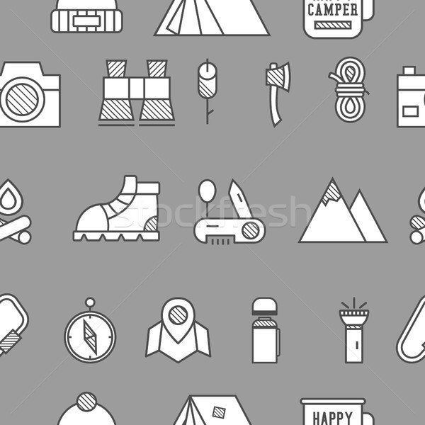 Stock photo: Camping, travel seamless pattern with thin line icon style, flat design. Mountain and climbing theme