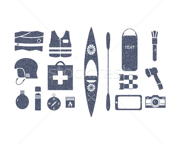 Kayaking and outdoors camping adventure equipment in retro rough style. Kayak gear isolated on white Stock photo © JeksonGraphics