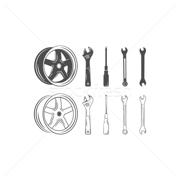 Set of car service tools and tire isolated on a white background. Lineart silhouette design. illustr Stock photo © JeksonGraphics
