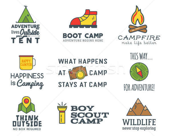 Stock photo: Camping logo design set with typography and travel elements - compass, mountain, tent. With adventur