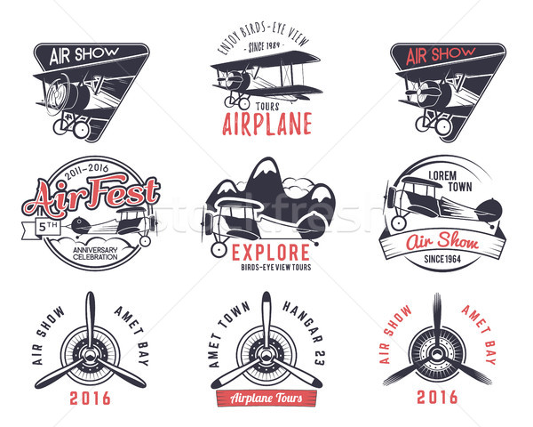  old fly stamps. Travel or business airplane tour emblems. Biplane academy labels. Retro aerial badg Stock photo © JeksonGraphics