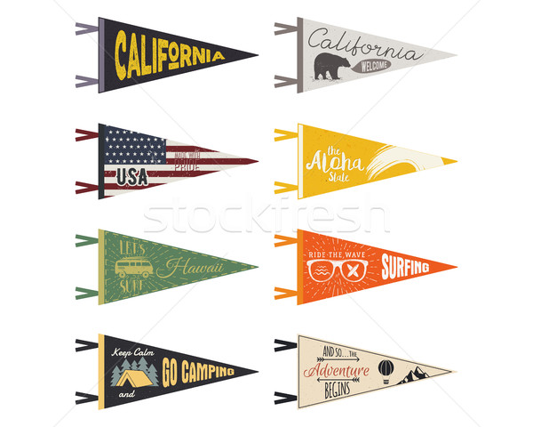 Set of adventure pennants. Pennant explore flags design. Vintage surf, caravan, rv templates. USA, c Stock photo © JeksonGraphics