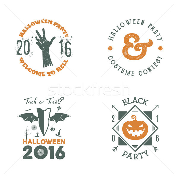 Stock photo: Halloween 2016 party label templates with scary symbols - zombie hand, bat, pumpkin and typography e