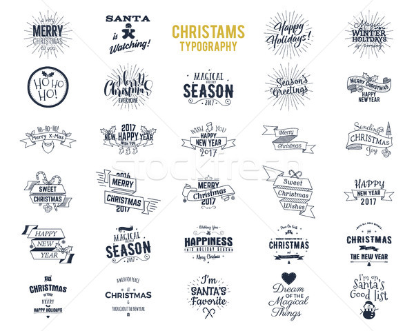 Stock photo: Big Christmas bundle - typography wishes, funny badges, holiday icons and other elements. New Year 2