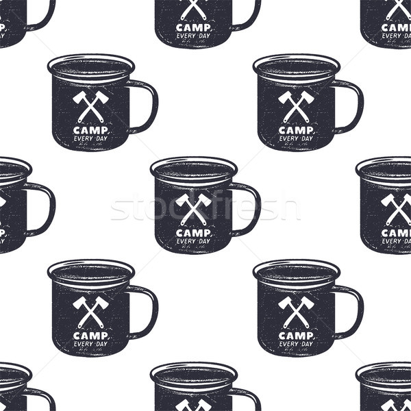 Vintage hand drawn camp mug, pattern design. Camping seamless wallpaper with cup, typography sign. M Stock photo © JeksonGraphics
