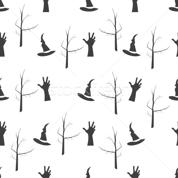Vector Halloween seamless pattern. Witch hat, scary zombie hand and dead tree. Objects isolated on a Stock photo © JeksonGraphics