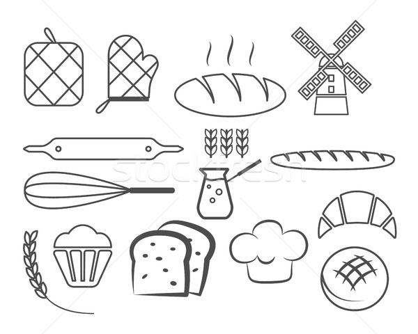 Set of bakery line icons and design elements, symbols. Fresh bread, cakes logo templates. Monochrome Stock photo © JeksonGraphics