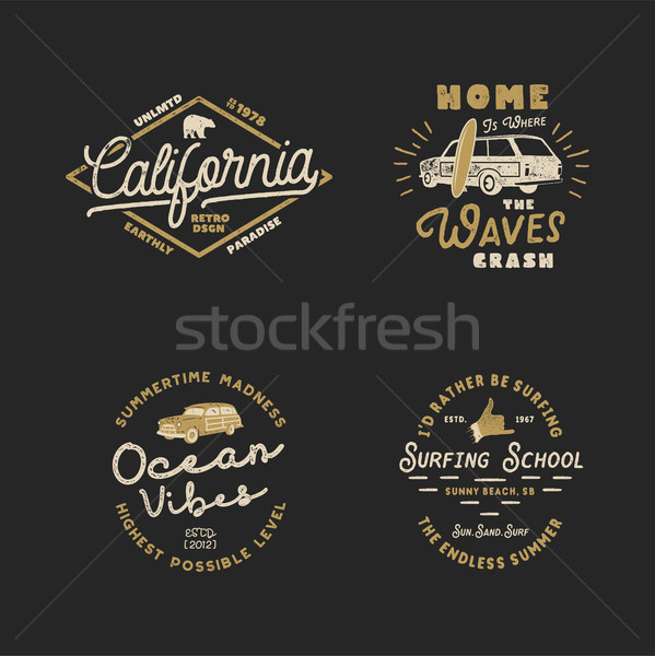 Vntage Hand Drawn Surfing Graphics and Emblems for web design or print. Surfer logotypes. Surf Logo. Stock photo © JeksonGraphics