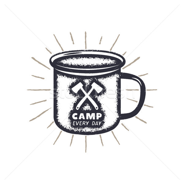Hand drawn camping mug shape, sunbursts label with motivational quote - Camp every day. Outdoor acti Stock photo © JeksonGraphics