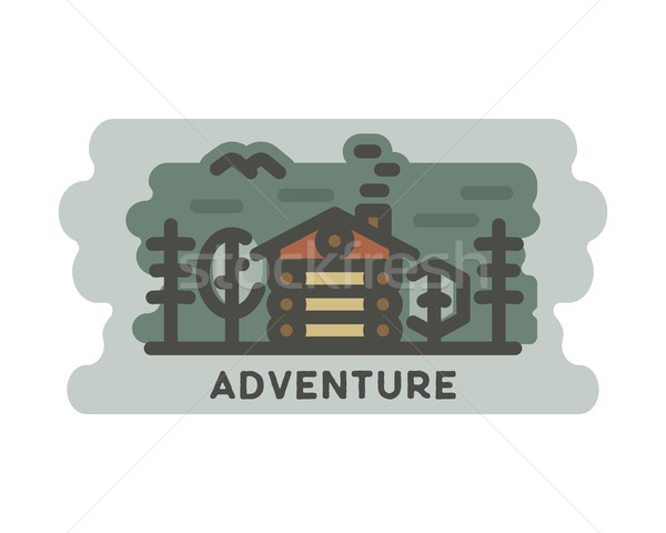 Summer adventure landscape with wooden house in forest. Outdoor scene, adventures in nature with tre Stock photo © JeksonGraphics