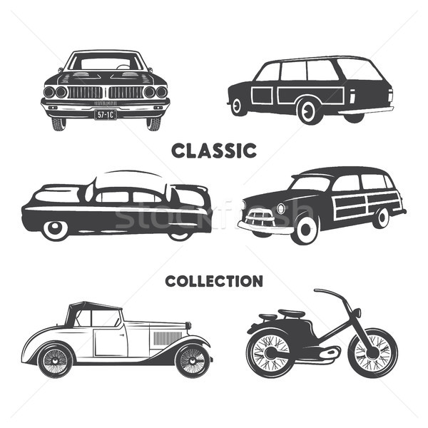 Classic cars, vintage car icons, symbols. Vintage hand drawn cars, muscle, motorcycle elements. Use  Stock photo © JeksonGraphics