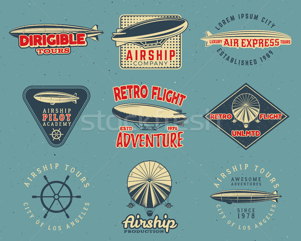 Vintage airship logo designs set. Retro Dirigible badges collection. Airplane Label vector design. O Stock photo © JeksonGraphics