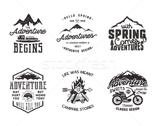 Hiking adventure and outdoor explorer typography labels set. Outdoors activity inspirational quotes. Stock photo © JeksonGraphics