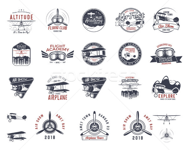 Vintage hand drawn old fly stamps. Travel or business airplane tour emblems. Biplane academy labels. Stock photo © JeksonGraphics
