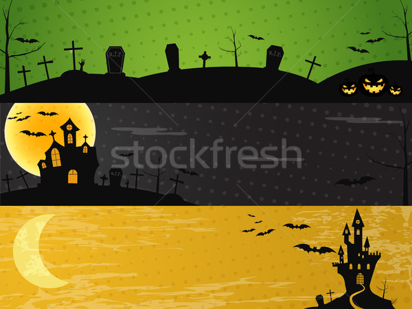 Three Halloween landscape banners. Green, dark and orange designs. Can be use on web, print. As invi Stock photo © JeksonGraphics