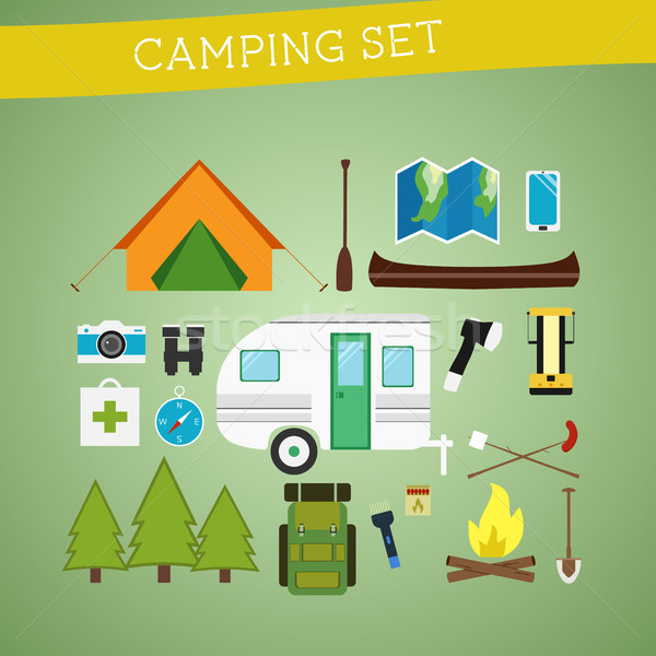 [[stock_photo]]: Lumineuses · cartoon · camping · équipement · vecteur