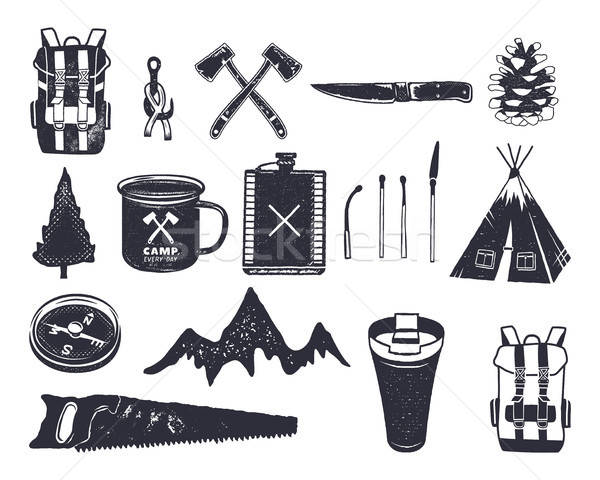 Vintage hand drawn adventure hiking, camping shapes of backpack, saw, mountain, matches, tree, knife Stock photo © JeksonGraphics