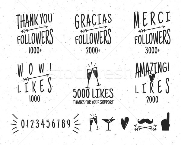 Set of vintage Thanks badges. Social media Followers labels and likes stickers. Handwriting letterin Stock photo © JeksonGraphics