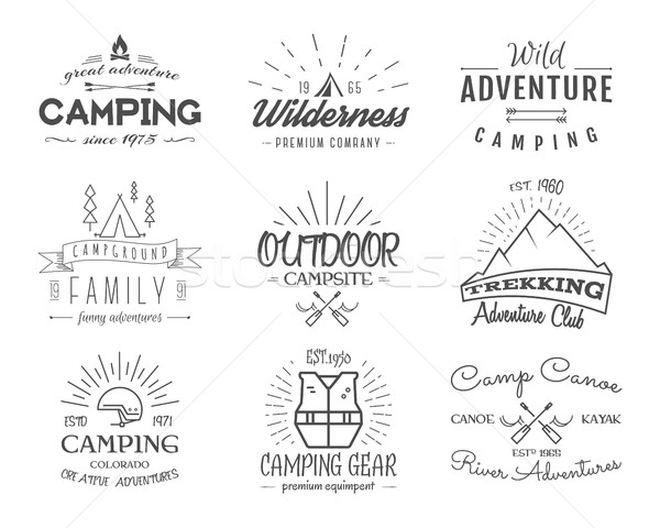 Set of retro badges and label logo graphics. Camping emblems and travel insignia. Monochrome vintage Stock photo © JeksonGraphics
