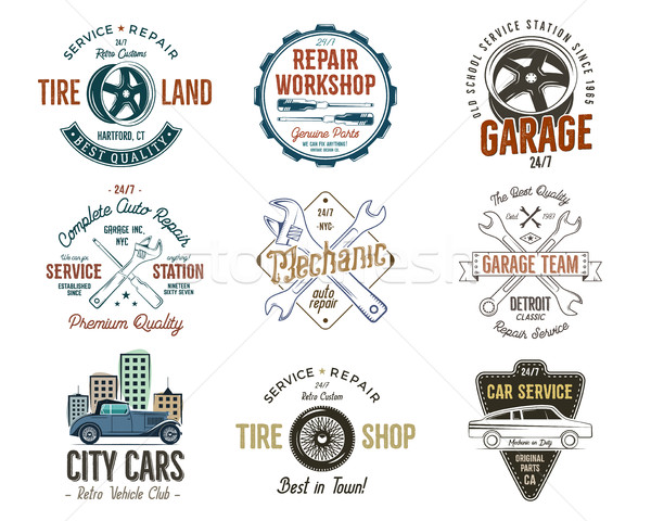 Vintage car service badges, garage repair labels and insignias collection. Retro colors design. Good Stock photo © JeksonGraphics