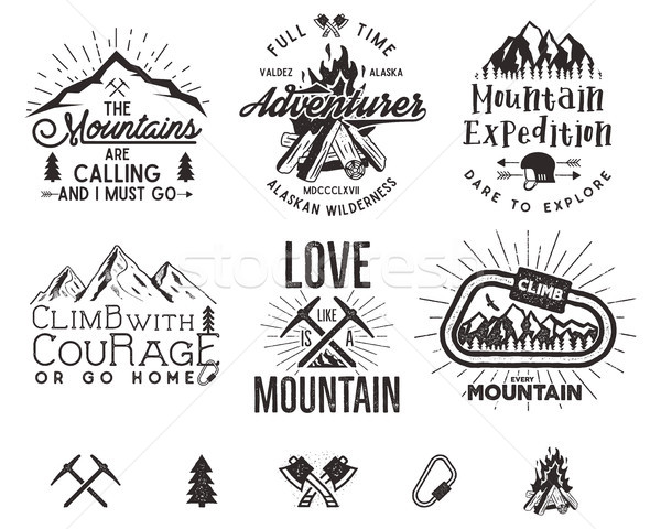 Set of mountain climbing labels, mountains expedition emblems, vintage hiking silhouettes logos and  Stock photo © JeksonGraphics