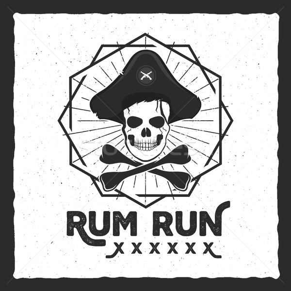 Stock photo: Pirate skull insignia, poster. Rum label design with sun bursts, geometric shield and vector text - 