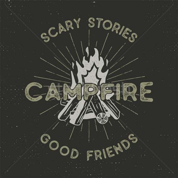 Camping t-shirt design. Hand drawn vintage label with texts, textured campfire and sunbursts design. Stock photo © JeksonGraphics